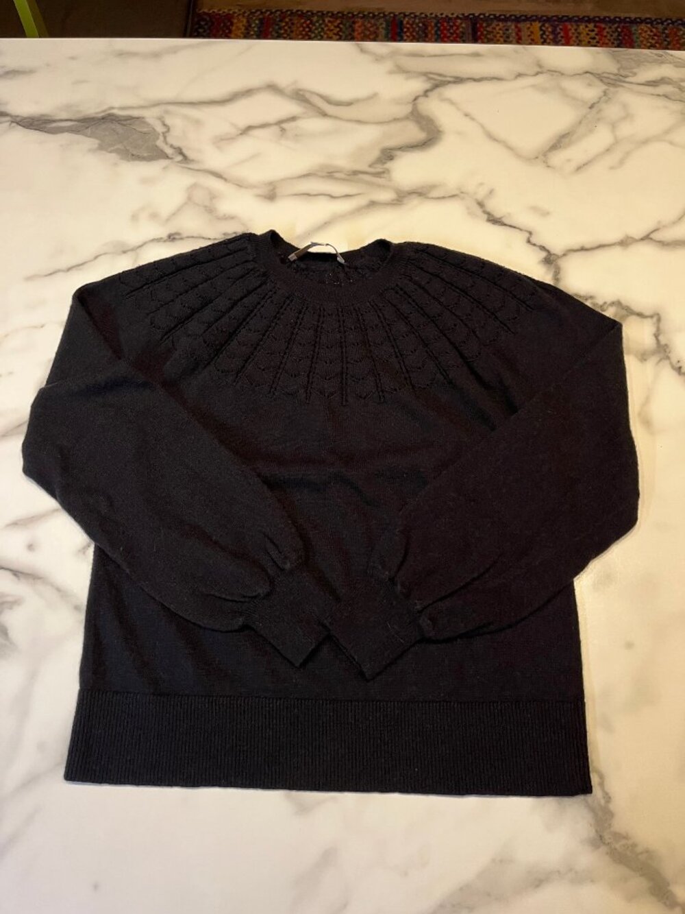 LOFT Black Pointelle Yoke Balloon Sleeve Sweater M